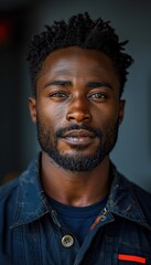 Portrait of a confident man with short curly hair and beard, wearing a denim jacket, standing against a blurred background.