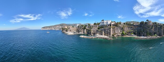 aerial view of spiaggia La Marinella holiday beach Sant Agnello.  Sorrento. Italy