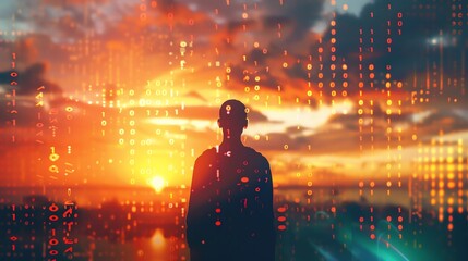 Silhouette of a hacker against a vibrant sunset, overlaid with flowing lines of binary code