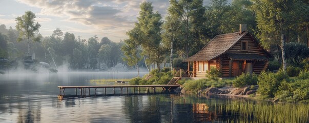 Fototapeta premium A tranquil lakeside cabin with a dock. Realistic.