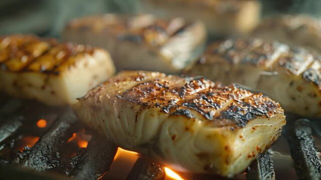 Close-up of swordfish steaks grilling on a hot charcoal grill, with grill marks and a crispy exterior.