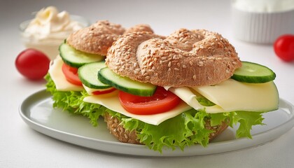 crispy oven-fresh sliced ​​bread roll or grain roll with remoulade or butter, Gouda cheese, lettuce, cucumber and tomato on a white background