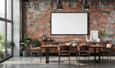 Industrial dining room with a blank frame on the buffet