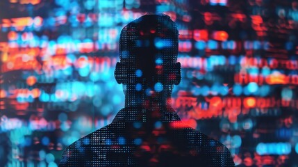 Vivid double exposure silhouette of a hacker overlaid with intricate computer code
