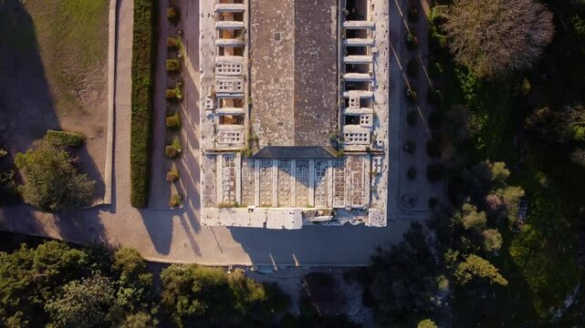 Temple of Hephaestus from a drone in the Agora in Athens. Cultural artistic heritage of ancient Greece. fantastic temple dedicated to deities, Greek architecture that attracts tourists traveling 