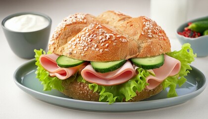 crispy oven-fresh sliced ​​bread roll or grain roll with remoulade or butter, salami, lettuce, cucumber and tomato on a white background