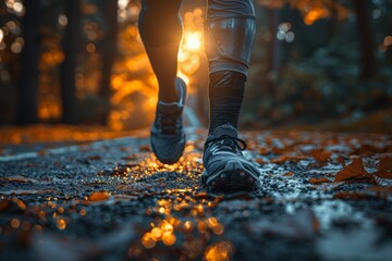 Jogger's feet on pavement, spotlighting sports shoes. Fitness lifestyle scene.