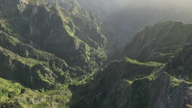 Aerial view of Valley with Mountain, Pico Ruivo, Madeira, Portugal.