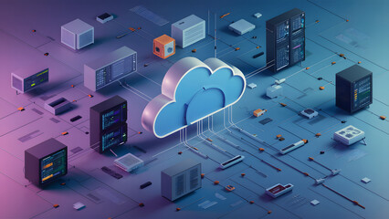 Representation of connections between servers and virtual devices in cloud computing. AI generated