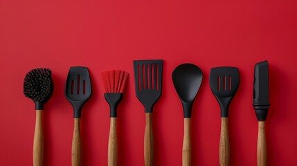 Kitchen utensils set with silicone spatula and basting brush isolated on a solid red background