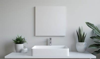 Fototapeta premium Minimalist bathroom with a blank canvas above the sink