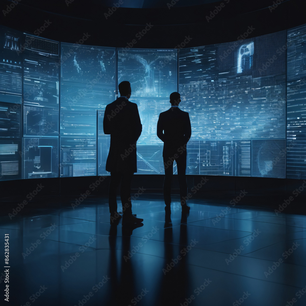 Poster a silhouette of a person standing in front of a giant digital screen with a flow of data showing var