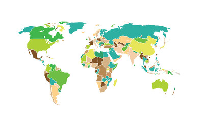 Map of world isolated modern colorful style. for website layouts, background, education, precise, customizable, Travel worldwide, map silhouette backdrop, earth geography, political, reports.