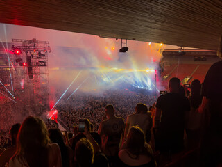 stadium and the stage from the stands during the concert at night