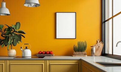 Bright kitchen with an empty frame on the counter