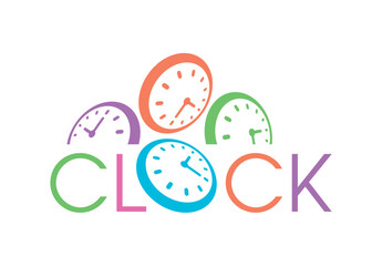 colorful clock dials. clock interfaces and the word clock. clock concept