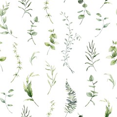 Watercolor floral seamless pattern featuring bedstraw, grass and fern. Hand-drawn composition of a plant on a white background. An outdoor illustration for design, printing or fabric background.