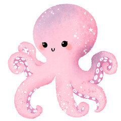 Watercolor Hand drawn illustration underwater animals cute Octopus marine wild life children clip art for textile, decoration, posters, inviation, greeting cards
