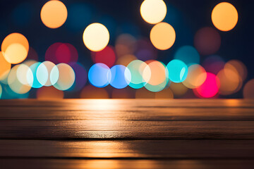 Empty wooden table with neon light bokeh background, night view, blurred bokeh lights background, generative ai