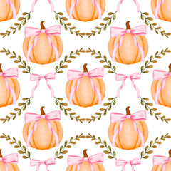 Pumpkin and pink coquette bow trellis seamless repeating pattern, Preppy grandmillennial fall digital paper background for fabric print
