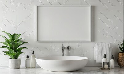 Bright bathroom with a mockup frame above the sink