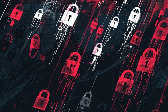 Data security concept: Multiple white and red padlocks on dark background with code.