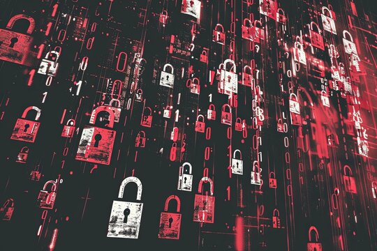 Multiple white and red padlocks with code on dark background. Concept of data security.