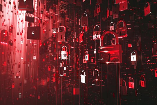Dark background with code and multiple white and red padlocks. Symbolizing data security.