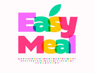 Vector advertising banner Easy Meal. Bright Colorful Font. Artistic Alphabet Letters and Number set.