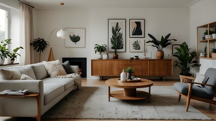 The exquisite living room with its comfy carpet, mid-century furniture, white walls, and indoor plants epitomizes modern Scandinavian home interior design.