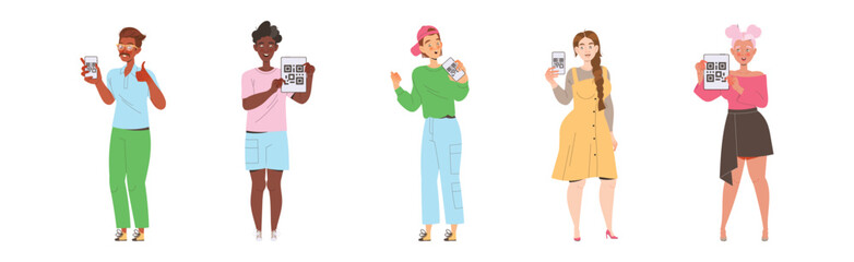 People Characters Showing QR Code on Their Gadget Vector Illustration Set