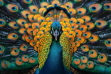 Fototapeta premium Peacock With Spread Tail Feathers in Front View