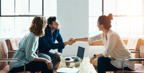 Handshake, meeting and businesspeople for deal, contract and b2b agreement for collaboration....