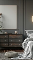 Contemporary bedroom with a mockup canvas on the dresser