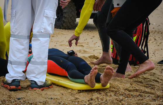 Rescue simulation with ambulance and firefighters on the coasts of southwest France.