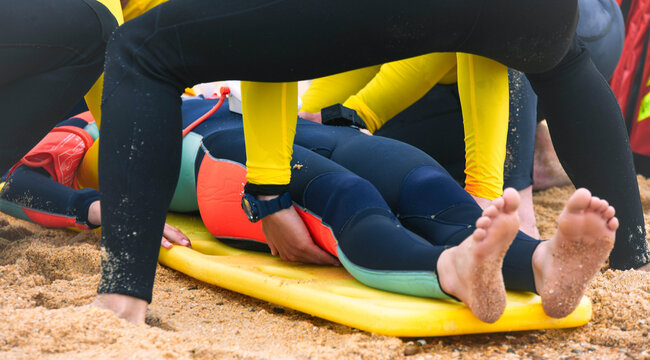 Rescue simulation with ambulance and firefighters on the coasts of southwest France.