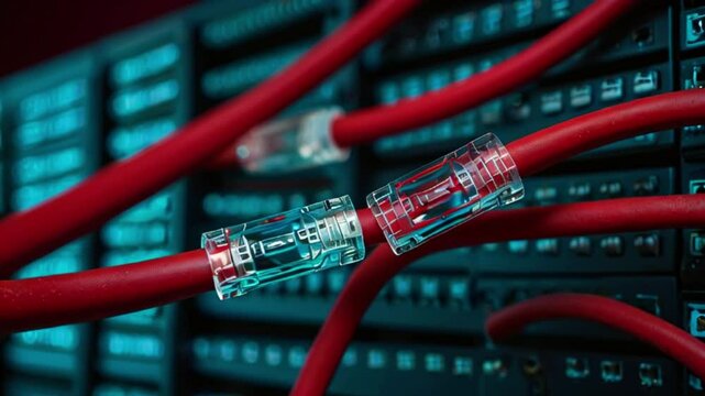 A bundle of red Ethernet cables plugged into a black server.
