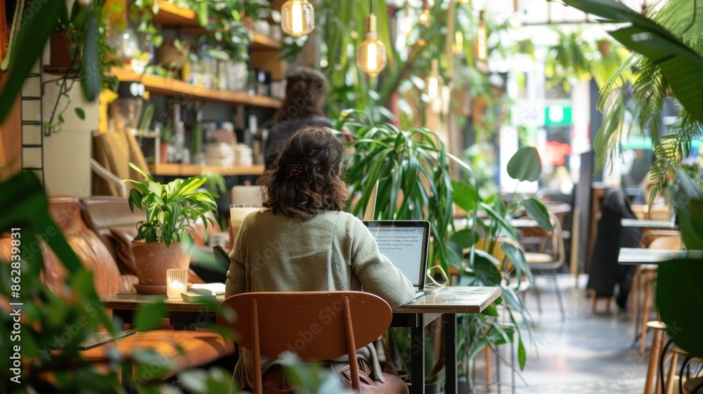 Poster a warm and inviting coffee shop environment with patrons working on laptops and enjoying the atmosph