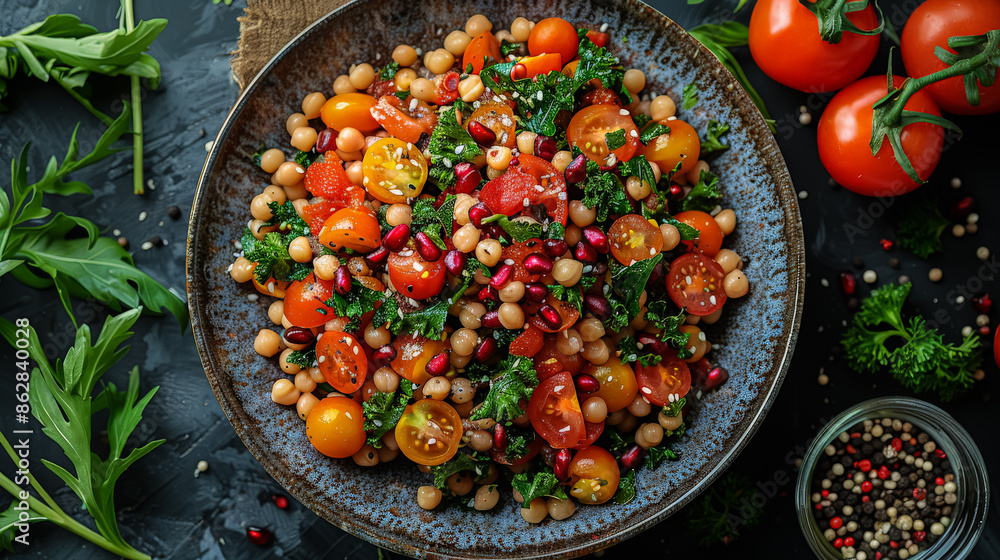 Wall mural a bowl of salad with tomatoes, chickpeas, and parsley. the bowl is on a table with a jar of pepper a