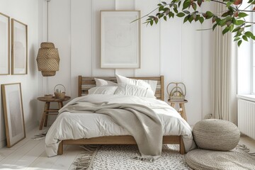 The cozy bedroom has a wooden bed with a comfortable mattress, a stylish nightstand, and a soft carpet on the floor