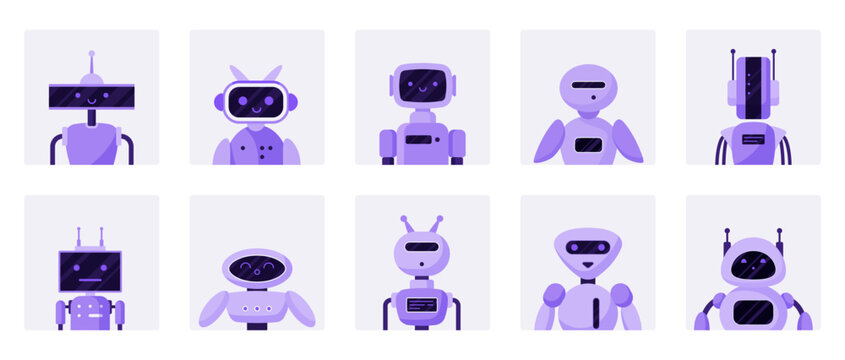 Chatbot avatars set. Purple cute robot assistant heads with antenna and funny face, simple portraits of futuristic customer support service agent and bot of GPT chat cartoon vector illustration
