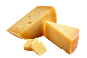 Delicious hard cheese isolated on transparent background. With clipping path. Cut out pieces of fresh cheese for design, layout, advertising, mockup. Food objects on white