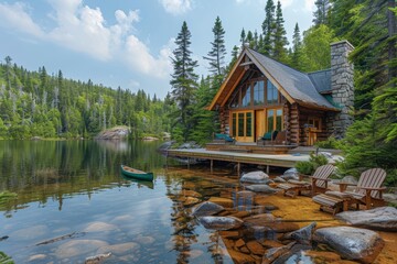Fototapeta premium A peaceful Canadian lakeside cabin with a wooden deck, canoes, and towering pine trees reflected in the water. 