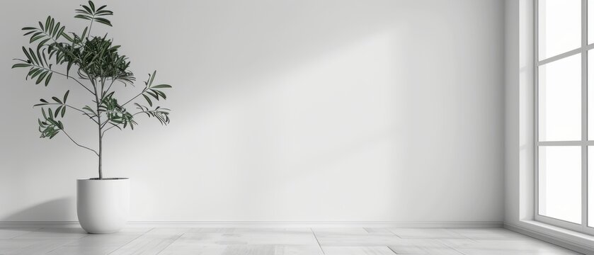 a white wall with a plant in a pot in front of it. There is a window on the right side of the image. The photo is taken from a low angle, and the plant is in focus.