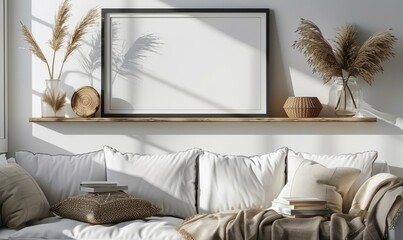 Modern living room with a mockup frame on the shelf
