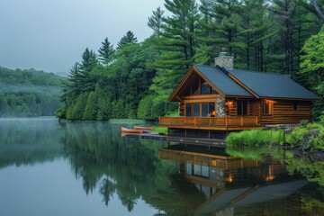 Obraz premium A peaceful Canadian lakeside cabin with a wooden deck, canoes, and towering pine trees reflected in the water. 