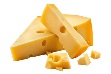 Delicious hard cheese isolated on transparent background. With clipping path. Cut out pieces of fresh cheese for design, layout, advertising, mockup. Food objects on white