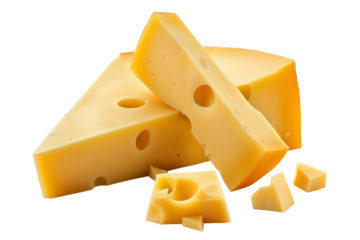 Delicious hard cheese isolated on transparent background. With clipping path. Cut out pieces of fresh cheese for design, layout, advertising, mockup. Food objects on white