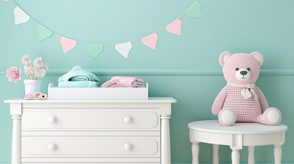 A pink teddy bear sits on a white table in a nursery with mint green walls and a white dresser