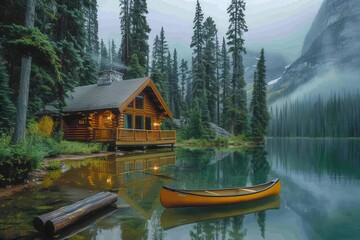Fototapeta premium A peaceful Canadian lakeside cabin with a wooden deck, canoes, and towering pine trees reflected in the water. 